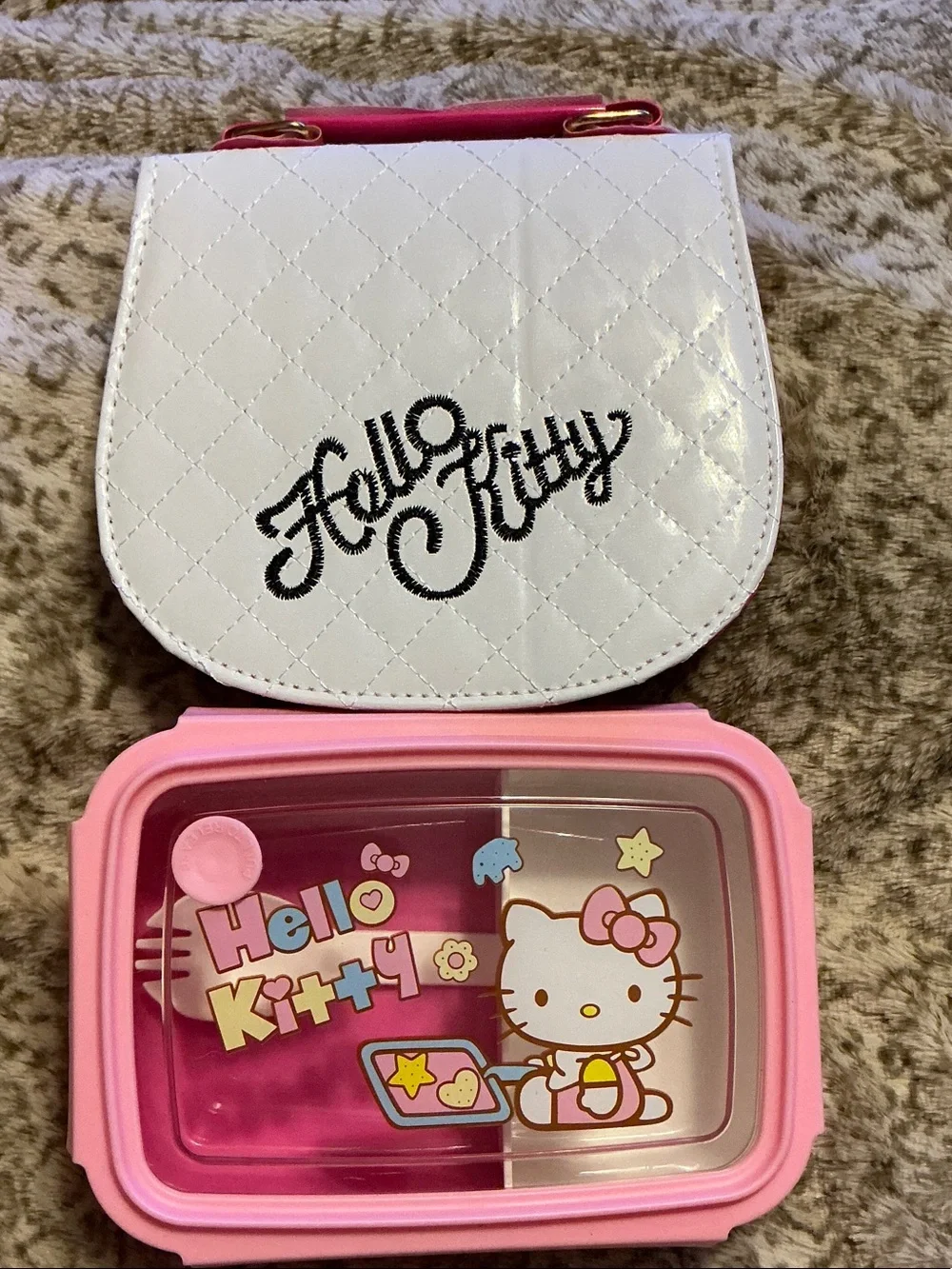Hello Kitty White Crossbody Purse with Pink Bow and Pink Snack Box (2) Piece